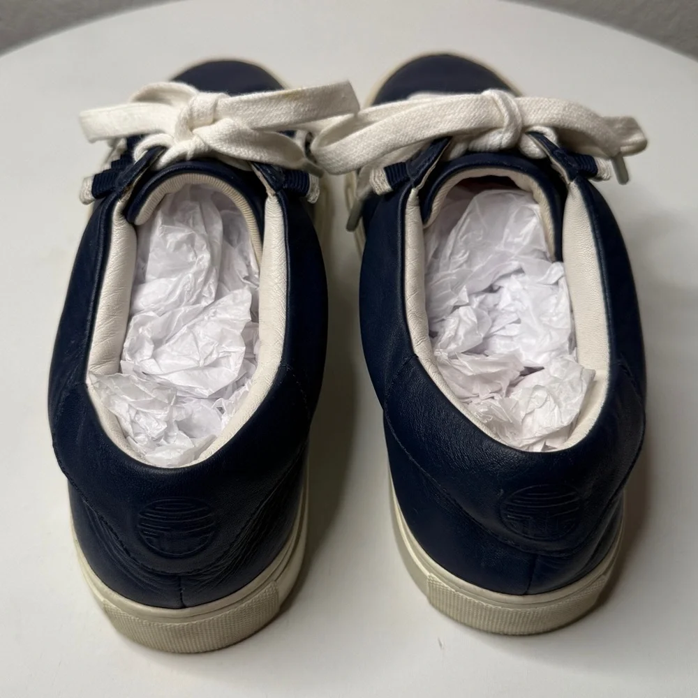 Tory Burch Sport Blue Ruffle Leather Lace Up Low Top Sneakers Logo Size 8.5